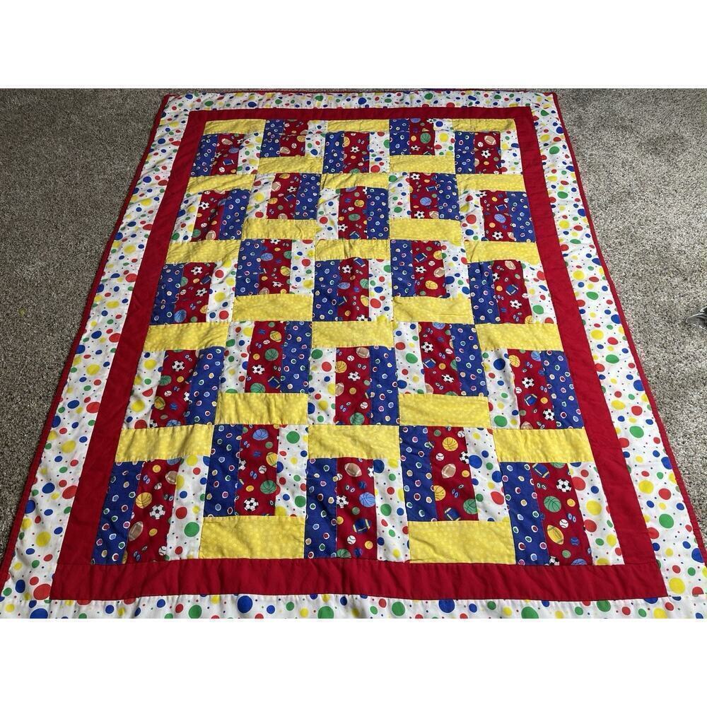 Vintage Sports Soccer Football Handmade Quilt 51.5in X 40.5in Red Yellow